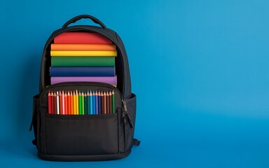 Black backpack filled with colorful school supplies on a blue background