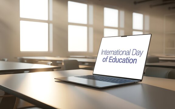 Laptop displaying the department of education logo on a classroom desk
