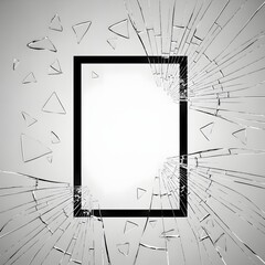 A shattered glass window with sharp fragments and cracks radiating outward, creating a dynamic and dramatic visual effect on a plain background