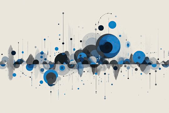Abstract waveform art with circles and lines in blue and grey tones