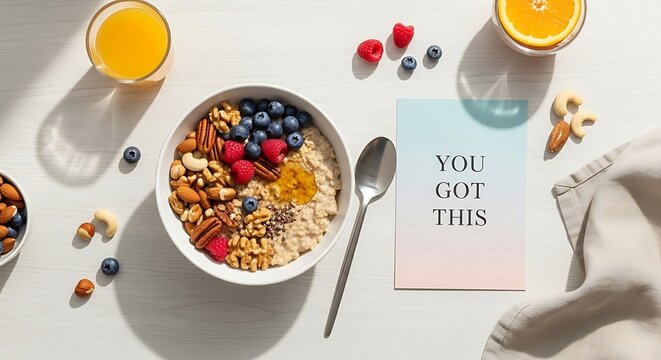 Healthy oatmeal breakfast bowl with berries, nuts, and honey on white table with a note: You Got This