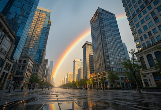 A vibrant rainbow arches across a modern cityscape after rainfall, stretching between tall glass skyscrapers. Warm sunlight illuminates the buildings and wet pavement, creating reflections that enhanc - Powered by Adobe
