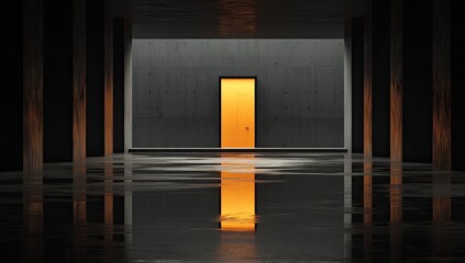 Lit doorway reflects off slick floor in modern, dark hall