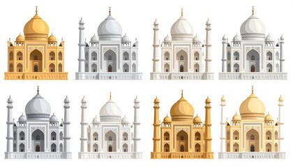 Several ornate building illustrations showcasing different colored variations of the same architectural design, set against a blank white backdrop