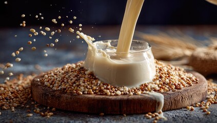 Milk pours into glass atop grain-covered board, creating splash