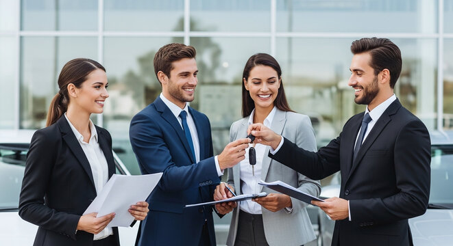 Smiling car dealership employees handing over car keys to happy customers outside modern building