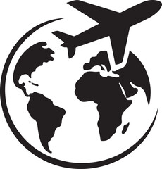 Silhouette airplane looping around globe symbolizing worldwide travel connection journeys. © MdKhalid