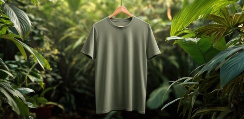 Olive t-shirt on hanger, surrounded by lush, tropical greenery