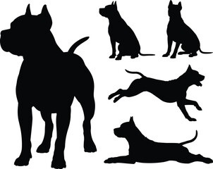Dog silhouettes in various poses, sitting, standing, leaping, lying down, black vector, pet icon, animal shape, motion, behavior