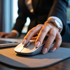 hyper-realistic close-up of businesswoman&rsquo;s manicured hand on wireless mouse, textured mousepad, rim-lit warm ambient light, subtle motion trail. 