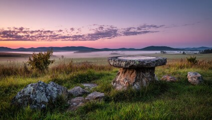 Stone table overlooks a misty valley under a pastel sunrise