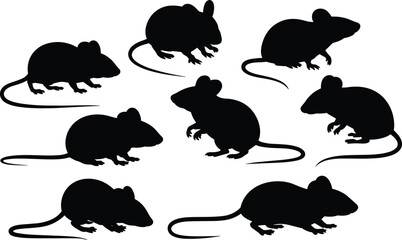 Mouse silhouette vector set, rodent icons, black animal clipart, wildlife graphics, nature design elements, crawling and standing poses bundle