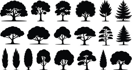Tree silhouettes in various shapes, black vector, forest elements, nature icons, botanical illustration, foliage patterns, landscape design, environment, graphic art