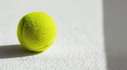 Bright green tennis ball on a textured white surface, shadowed light