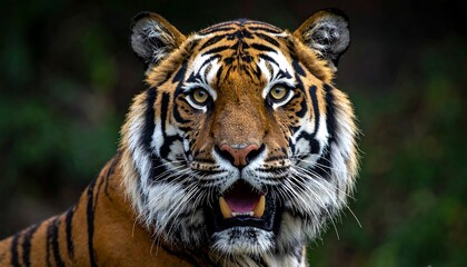 Obraz premium Close-up of a tiger's face. The big cat with intense gaze, open mouth, teeth visible, stripes. Lush green backdrop