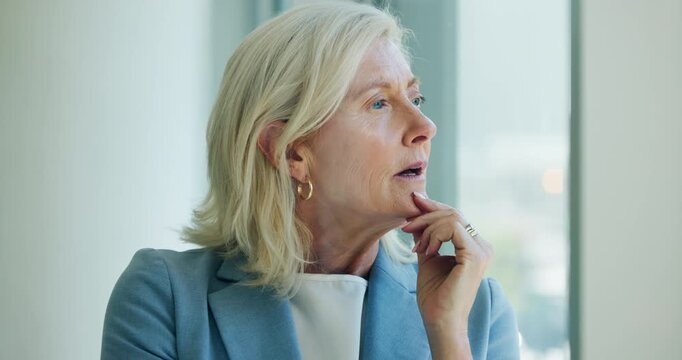Thinking, business and woman at window in office for corporate mistake of economic downturn. Stress, mature person and disappointed employee for company bankruptcy, liquidation notice and job loss