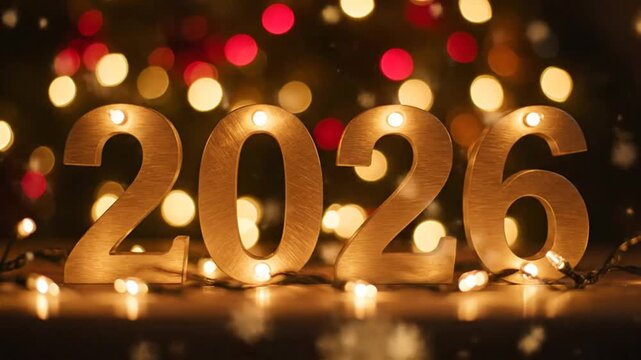 Celebration of New Year's 2026 with festive glowing numbers and colorful bokeh