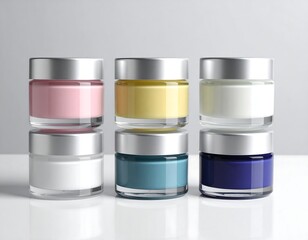 Six jars of various-colored creams arranged in two stacks
