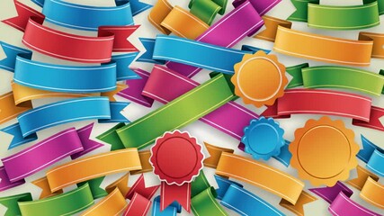 Colorful ribbon banners and seals scattered creatively