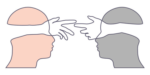 Human hands from heads reaching out to one another, almost touching. Help concept