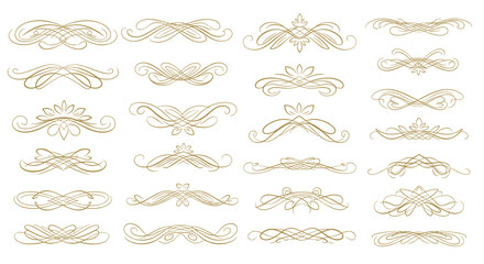 Vector set of organic Art Deco flourishes and dividers, gold line art floral ornaments for wedding invitations