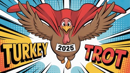 Energetic Cartoon Turkey with Cape Running in Turkey Trot Event with Comic Style