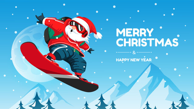 A cheerful Santa Claus snowboards through snowy mountains under a bright sky, spreading festive Christmas and New Year wishes, vector illustration