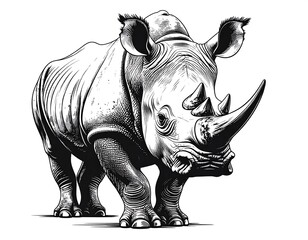 Fototapeta premium Monochrome illustration of a rhinoceros with detailed textures and strong lines