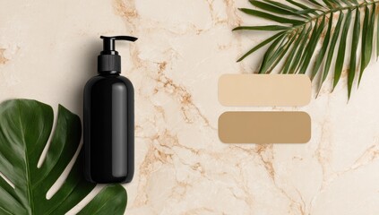 Black dispenser bottle on marble with leaves, beige colors