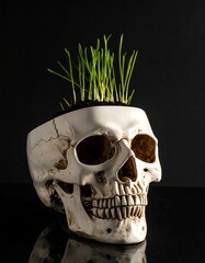 Skull planter with green grass sprouting from the cranium