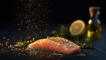 Salmon fillet getting dusted with spices; lemon and oil behind