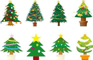 Collection of festive decorated christmas trees on a black background