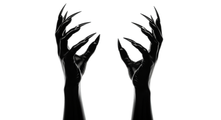 Dramatic image showing two hands with glossy black elongated nails reaching upward ominously.