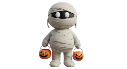 Cartoon mummy character holding pumpkin buckets for trick-or-treating, festive and cute design.