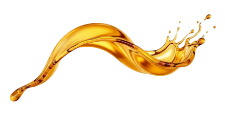 Dynamic splash of golden liquid isolated, showcasing movement and fluid form on transparency.