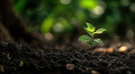 Tiny plant sapling growing in rich soil, blurry green background