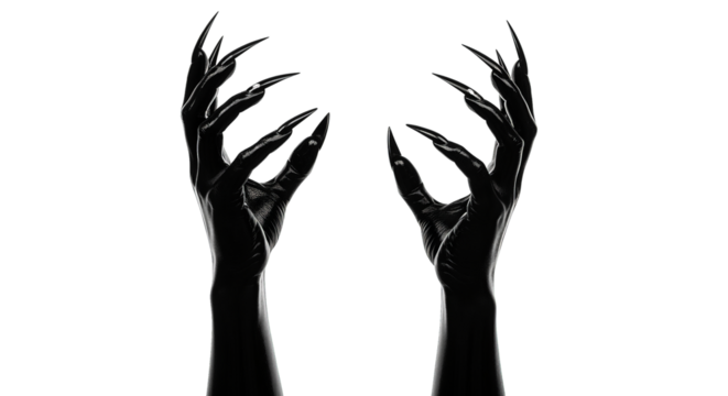 Dramatic image showing two hands with glossy black elongated nails reaching upward ominously.