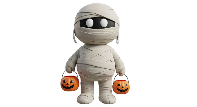 Cartoon mummy character holding pumpkin buckets for trick-or-treating, festive and cute design.