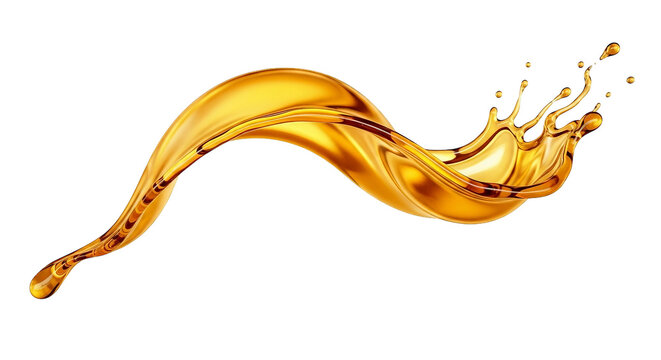 Dynamic splash of golden liquid isolated, showcasing movement and fluid form on transparency.