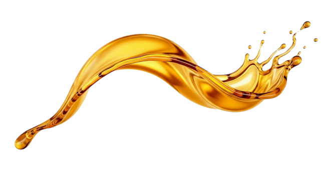 Dynamic splash of golden liquid isolated, showcasing movement and fluid form on transparency.