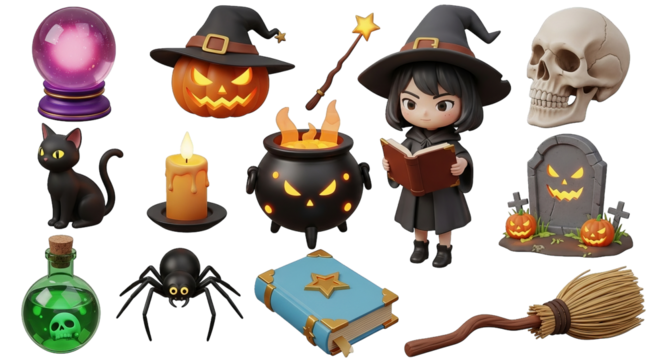 A whimsical Halloween scene featuring a cute witch, pumpkin, skull and other spooky elements