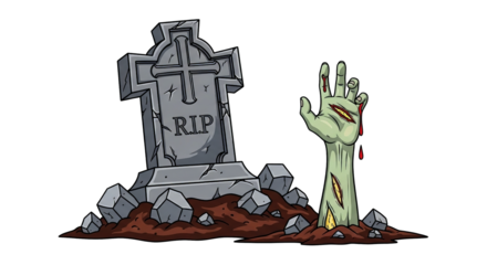 Cartoon depiction shows a zombie hand rising from the grave near a tombstone illustration style