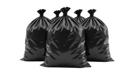 A stark arrangement of four black plastic bags creates an intense visual with stark lighting design.