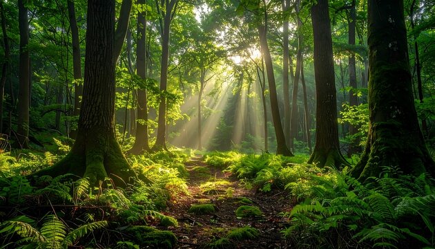 Sun rays stream through a dense forest, illuminating a path surrounded by lush green foliage and tall trees - Powered by Adobe