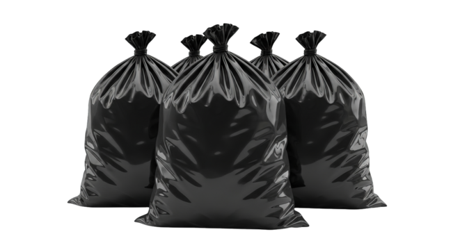 A stark arrangement of four black plastic bags creates an intense visual with stark lighting design.