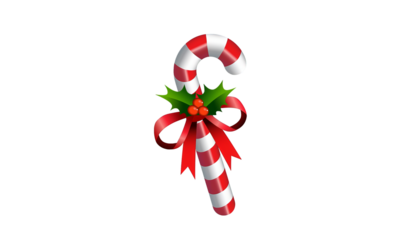 Festive candy cane illustration adorned with a bright red bow and holly on a transparent background.