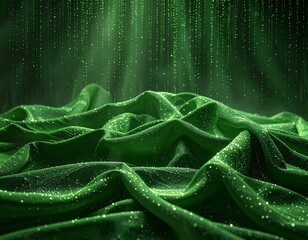 Draped matrix fabric with vertical green code rain following cloth folds