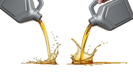 Lubricant oil pours from a gray container creating dynamic splash effects on the surface below.