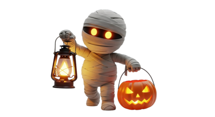 Whimsical mummy character, lantern in hand, carrying a glowing jack-o'-lantern, Halloween night.