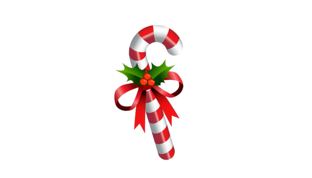 Festive candy cane illustration adorned with a bright red bow and holly on a transparent background.